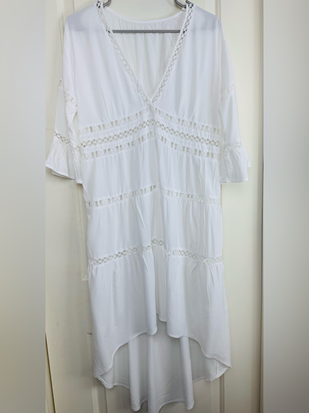 White 100% Cotton Boho High Low Dress One Size Crochet Bell Sleeve Resort